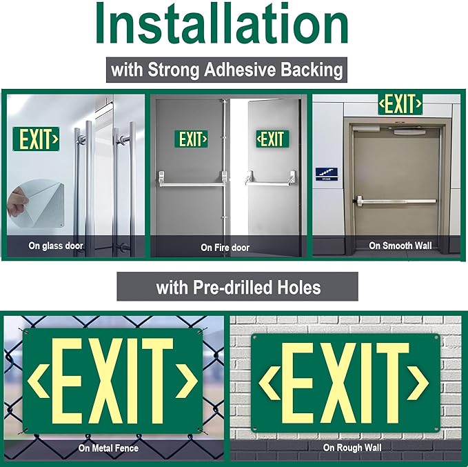 4Pack Photoluminescent Exit Sign Green, 14.25"x 7.5" Aluminum Glow In The Dark Exit Signs with Strong Adhesive Backing and 8pcs Removable Directional Arrows Glow In The Dark,Easy to install.