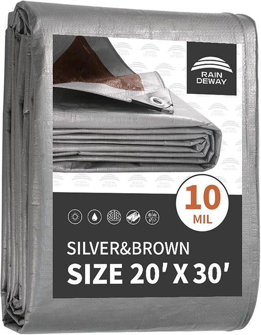 RAINDEWAY Tarps Heavy Duty Waterproof 20x30 Feet,10Mil Thick Multipurpose Large Tarp Cover with Metal Grommets and Reinforced Edges,Silver/Brown Tarp