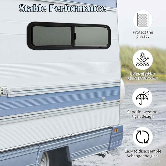 33"x10" RV Van Bunk Window - Passenger Side, DOT Certified, Half-Slider Privacy Glass, Anodized Aluminum Frame, UV Protection, Easy Clamp-in Installation (Fits 33" W x 10" H Cut-Out)