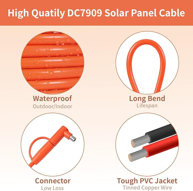 Solar Connector to DC 8mm Adapter Cable 5FT, 12AWG + 14AWG Tinned Copper Wire with DC7909 to DC8020 Adapter, Heavy Duty Charging Cable for Portable Power Station, RV, Outdoor Camping