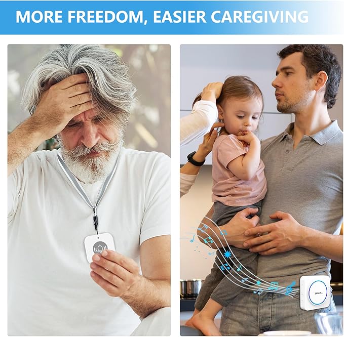 SINGCALL Wireless Portable Caregiver Pager Panic Alarm System Personal Alarm for Elderly/Kids/Pregnant/Patients 32 Chimes & 0-100dB Volume 1 Rechargeable Portable Receiver+ 2 Emergency Call Buttons