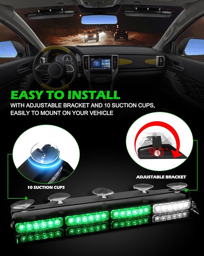 HLauto 604N Emergency Dash Strobe Lights: 2x16.8 inch Green Security Light w/Take Down, 48 LED Safety Flashing Warning Hazard Interior Windshield Light Bar for Truck Vehicle