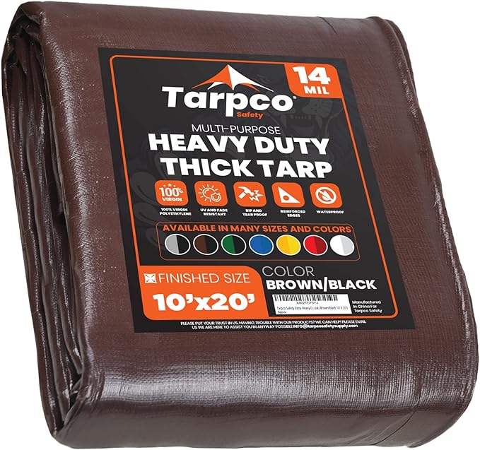 Tarpco Safety Extra Heavy Duty 14 Mil Tarp Cover, Waterproof, UV Resistant, Rip and Tear Proof, Poly Tarpaulin with Reinforced Edges for Roof, Camping, Patio, Pool, Boat (Brown/Black 10′ X 20′)