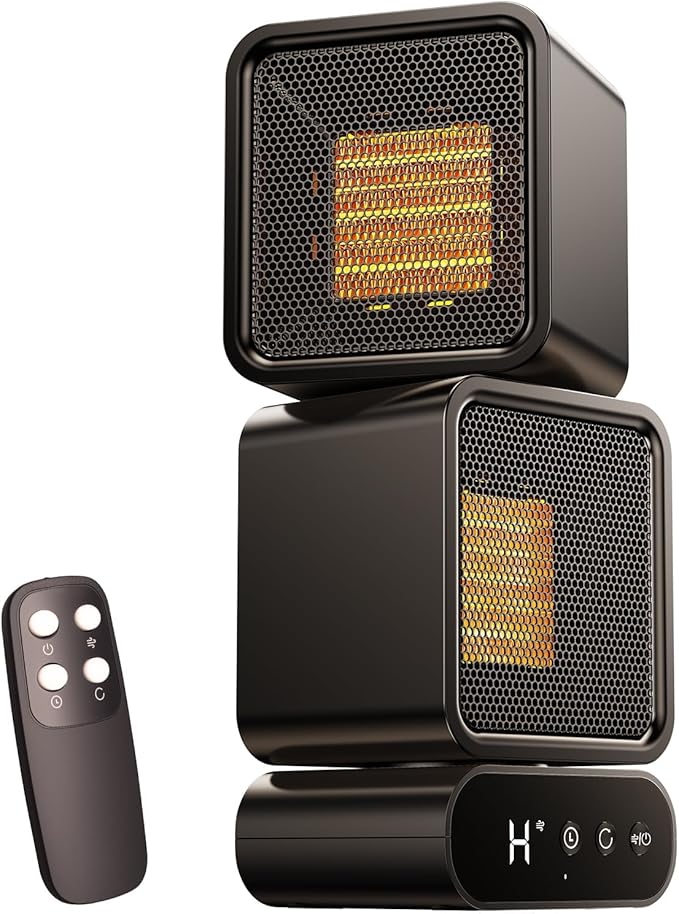 Portable Dual-Head Space Heater, 270° Manual Rotation, Auto Oscillation 45°/90°/120°, Energy Efficient Desktop Heater with Remote, 3 Modes, 5 Timer for Indoor Office Home Bedroom Use