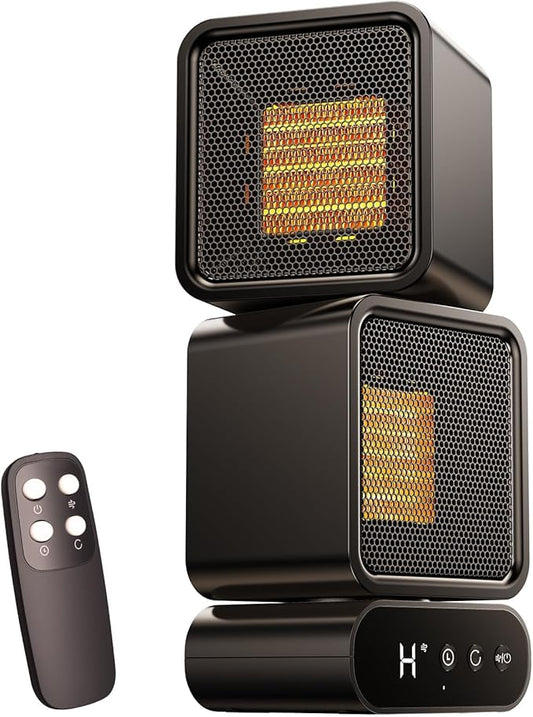 Portable Dual-Head Space Heater, 270° Manual Rotation, Auto Oscillation 45°/90°/120°, Energy Efficient Desktop Heater with Remote, 3 Modes, 5 Timer for Indoor Office Home Bedroom Use