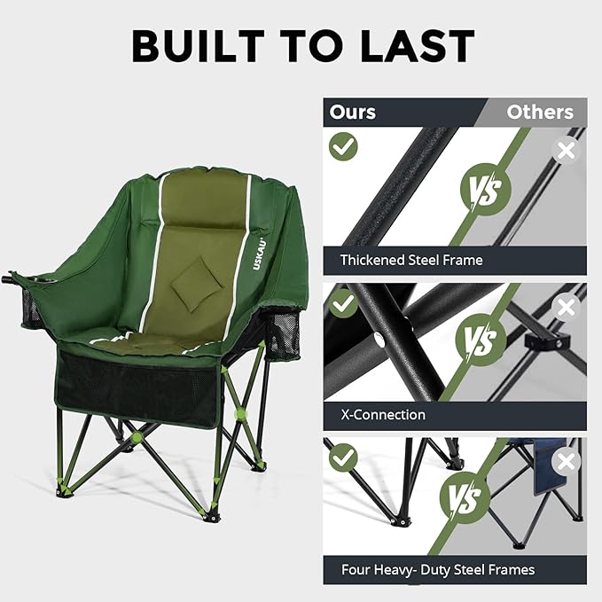 Oversized Folding Camping Chair for Adults Heavy Duty Padded Outdoor Chairs Big and Tall XL Picnic Chair with Cup Holders 400lb Capacity, Comfy for Lawn Sports and Outside Use