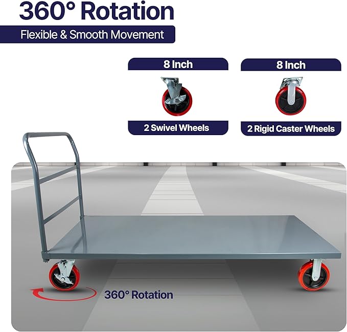 Flatbed Platform Cart Industrial Dolly – Heavy Duty 72” x 36” Hand Push Truck, Super Heavy Duty Flatbed with 2000Lb Capacity & 8'' Swivel Locking Wheels for Commercial Moving