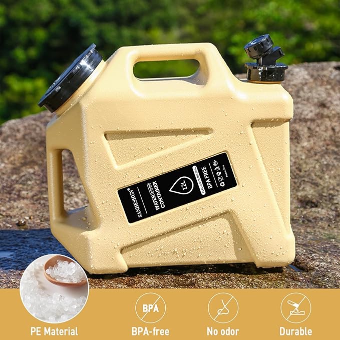 3.2 Gallon Water Jug,Camping Water Container with Spigot,BPA-Free with Cleaning,Brush Military Green Tank Portable,Suitable for Outdoor Camping and Hiking,Khaki