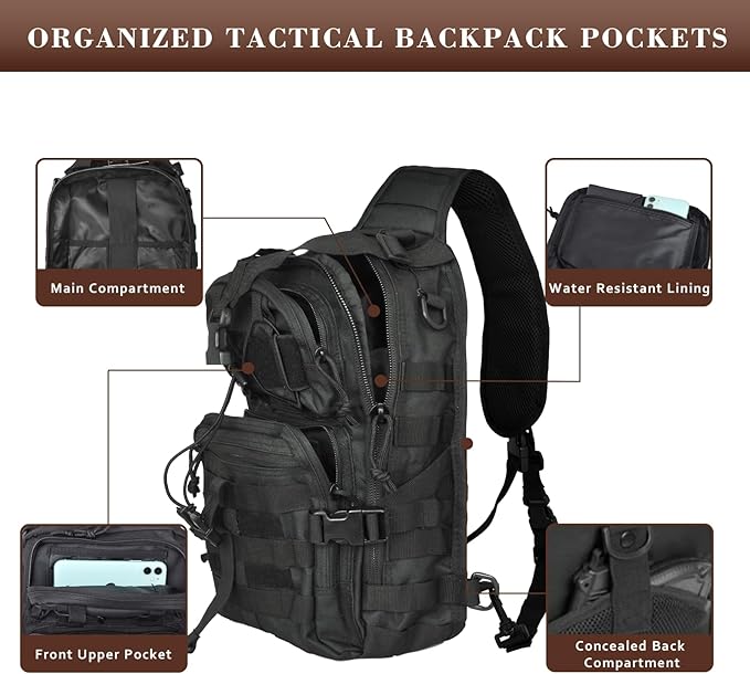 15L Compact Tactical Sling Bag, Military Shoulder Sling Pack for Men's EDC, Molle Assault Range Bag Crossbody Chest Pack for Outdoor Adventures (07-Black)