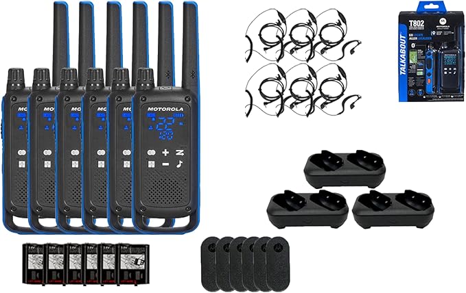 Motorola Solutions, Talkabout T802, Portable FRS Two Way Radio 6 Pack Walkie Talkies Blue/Black 22 Channels 3 Dual Charger Docks 6 PTT Earpieces