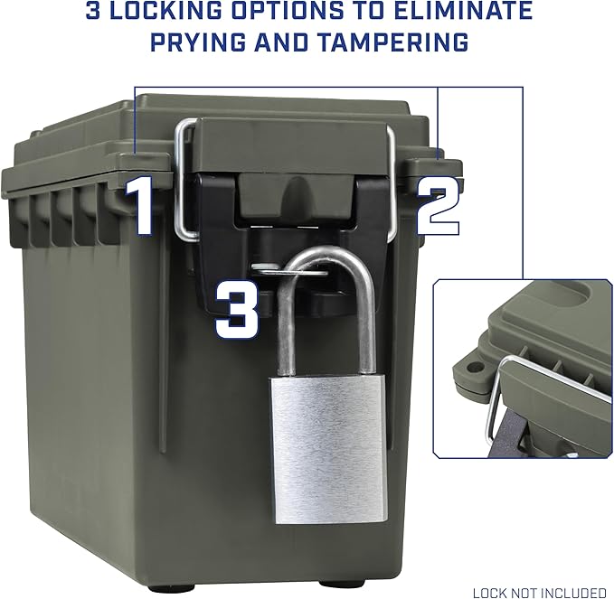 Sheffield 12626 Ammo Storage Box, Stackable .30 Cal Field Boxes, Water and Dust Resistant, Lockable Storage Box with Handle, Secures Hunting Gear, Supplies, and Bullets, Made in USA, Green, 1-Pack