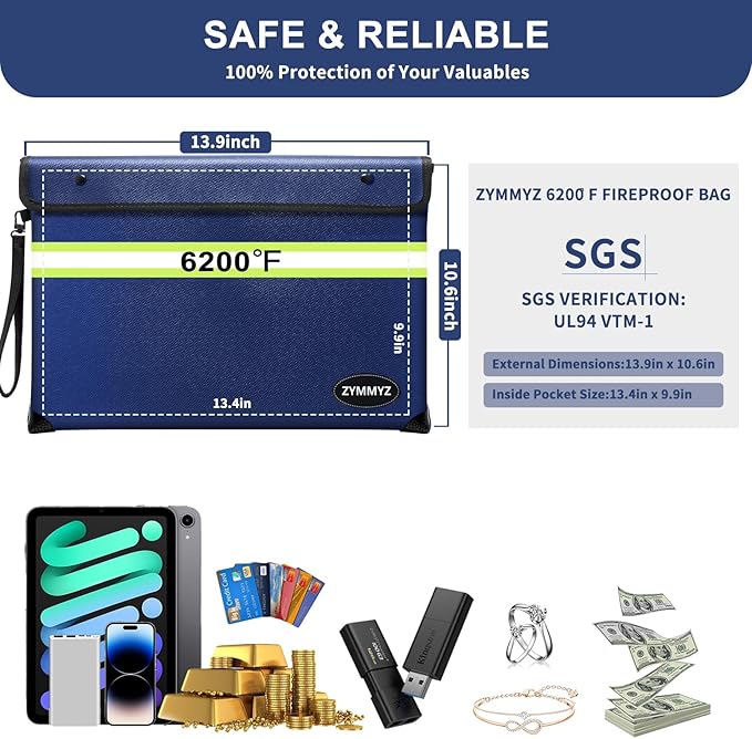 6200℉ Fireproof and Waterproof Document Pouch with Water Resistant Zipper,9 Layers of Heat Insulated Materials Fireproof Envelopes for Important Documents,Valuables