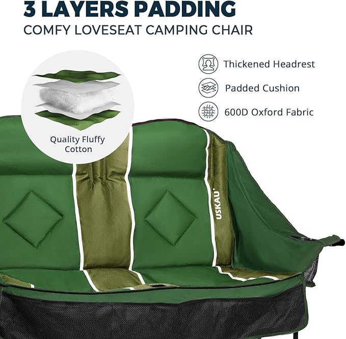 Oversized Double Camping Chair - 2 Person Portable Folding Outdoor Loveseat Heavy Duty Lawn Chairs for Adults with Padded Cushion & Dual Cup Holders, Supports 660LBS for Camping，Sports，Picnic