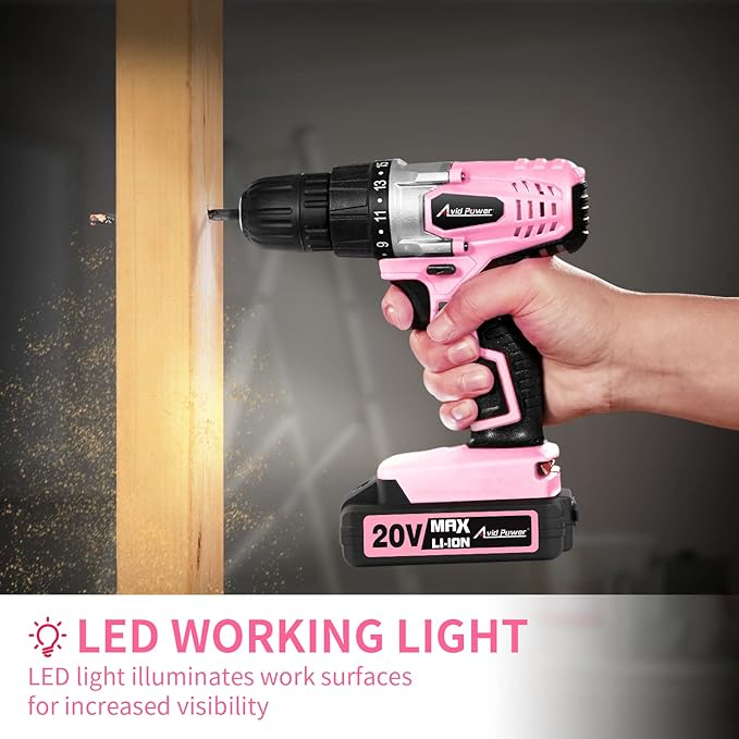 AVID POWER 20V MAX Lithium lon Cordless Drill Set, Power Drill Kit with Battery and Charger, 3/8-Inch Keyless Chuck, Variable Speed, 16 Position and 22pcs Bits (Pink)