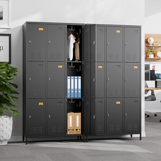 Metal Lockers for Employees with 9 Doors and 27 Hooks, 72”H Storage Locker with Card Slot for Office Gym School Bedroom, Black, Assembly Required