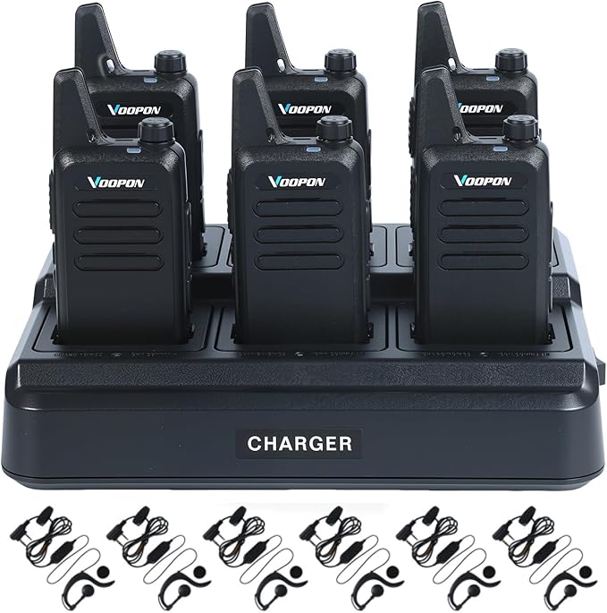 Rechargeable Walkie Talkies for Adults 22 FRS Channels Two-Way Radios with Earpieces 6 Way Multi Unit Gang Charger Long Range VOX Transceivers for Business Company Camping Church Shop (6 Pack)