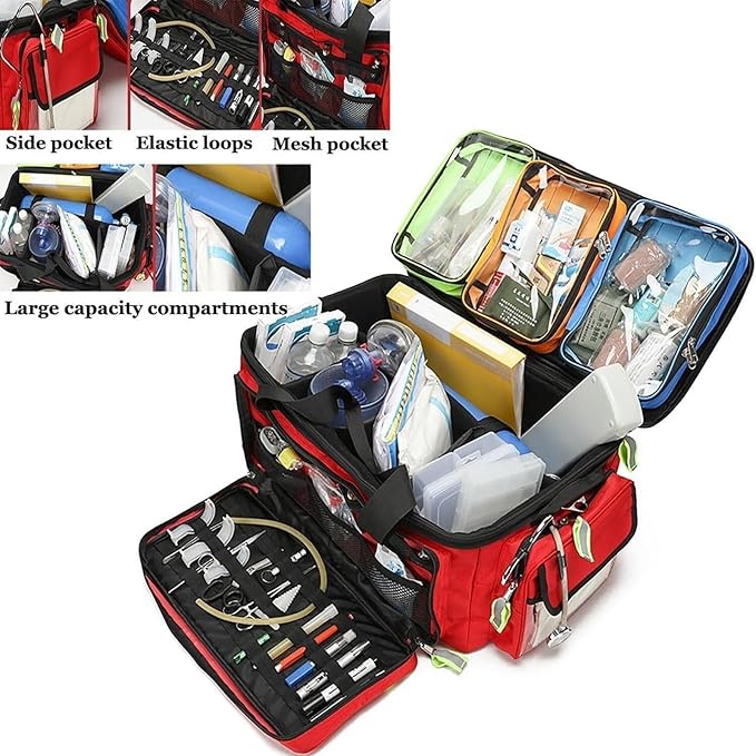 Rolling First Aid Kit Bag with Waterproof Trolley, Large Capacity Trauma Medical Bag for Home Health, EMT, EMS, Doctors, Nurses - Detachable Compartments Included