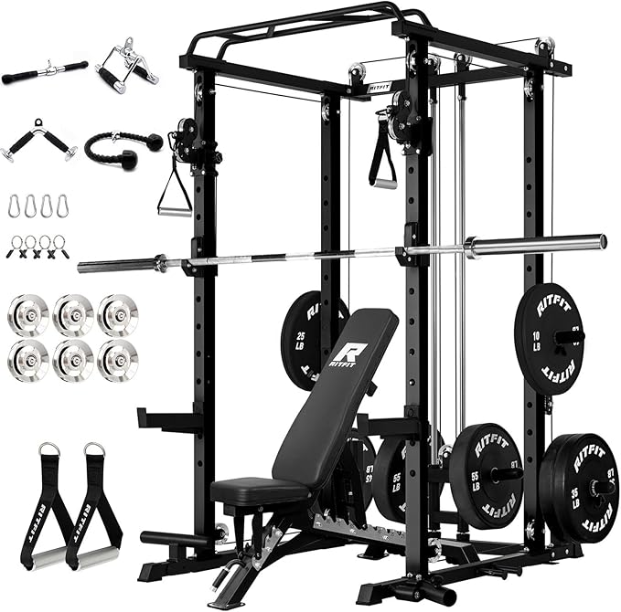 RitFit Multi-Function Squat Rack Power Cage PPC-P3 with Cable Crossover System, 1200LBS Capacity Power Rack and Packages with Optional Weight Bench, Barbell Weight Set, for Garage Workout & Home Gym