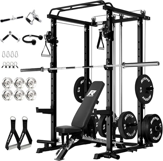 RitFit Multi-Function Squat Rack Power Cage PPC-P3 with Cable Crossover System, 1200LBS Capacity Power Rack and Packages with Optional Weight Bench, Barbell Weight Set, for Garage Workout & Home Gym