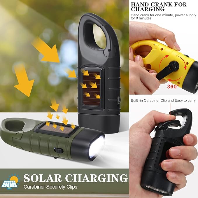 Leelosp 9 Pieces Hand Crank Flashlight Solar Powered Flashlight for Emergencies Dynamo Rechargeable LED Survival Light for Outdoor Sports Hiking Camping (Black,Green,Yellow)