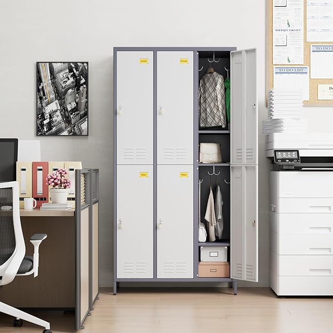 6 Doors Metal Locker for Employees with 18 Hooks and Business Card Holder,Metal Locker with Ventilation Holes for School Garage Office Gym Home,Assembly Required,Grey-White