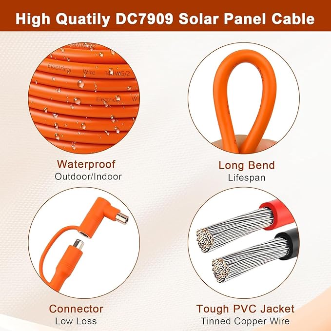 Solar to DC 8mm Charge Extension Cable 40FT,12AWG+14AWG Solar Cable with Solar Panel Connector to DC7909/8020 Compatible with Anker,GZ Yeti,BLUETT,Jackery Portable Power Station
