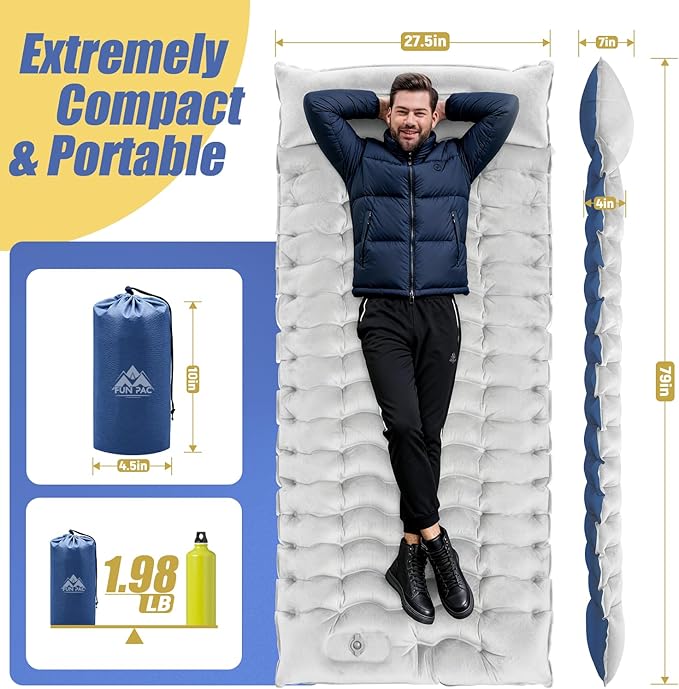 Camping Sleeping Pad, 8.8R-Value Ultralight Camping Mat with Pillow, Insulated Camping Mattress, Built-in Foot Pump Inflatable Sleeping Pads Compact for Camping Backpacking Hiking, Single, Light Gray