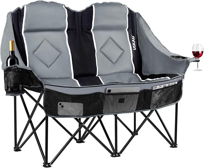 Oversized Double Camping Chair - 2 Person Portable Folding Outdoor Loveseat Heavy Duty Lawn Chairs for Adults with Padded Cushion & Dual Cup Holders, Supports 660LBS for Camping，Sports，Picnic