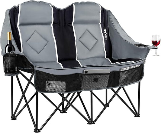 Oversized Double Camping Chair - 2 Person Portable Folding Outdoor Loveseat Heavy Duty Lawn Chairs for Adults with Padded Cushion & Dual Cup Holders, Supports 660LBS for Camping，Sports，Picnic