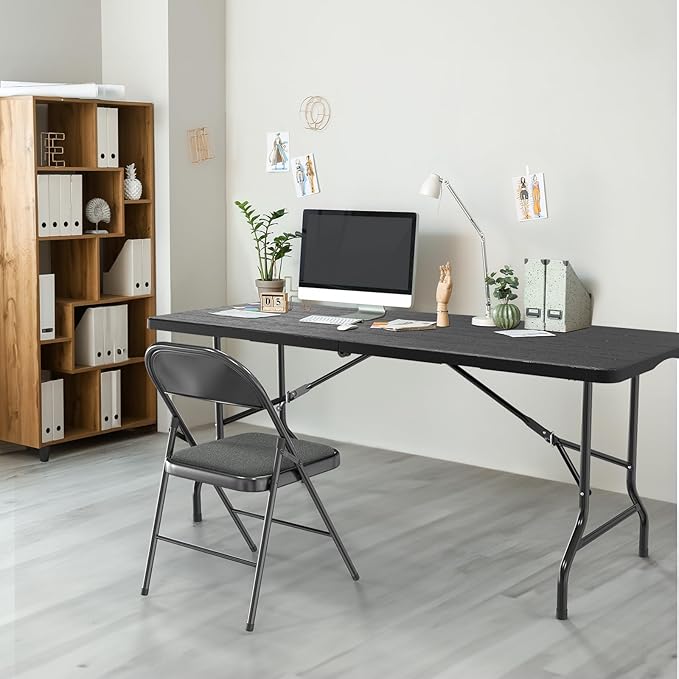 VINGLI 6 Foot Plastic Folding Table Portable Long Table for Indoor Outdoor Use Rectangular with Carrying Handle, Tree Patterned HDPE Tabletop, Black