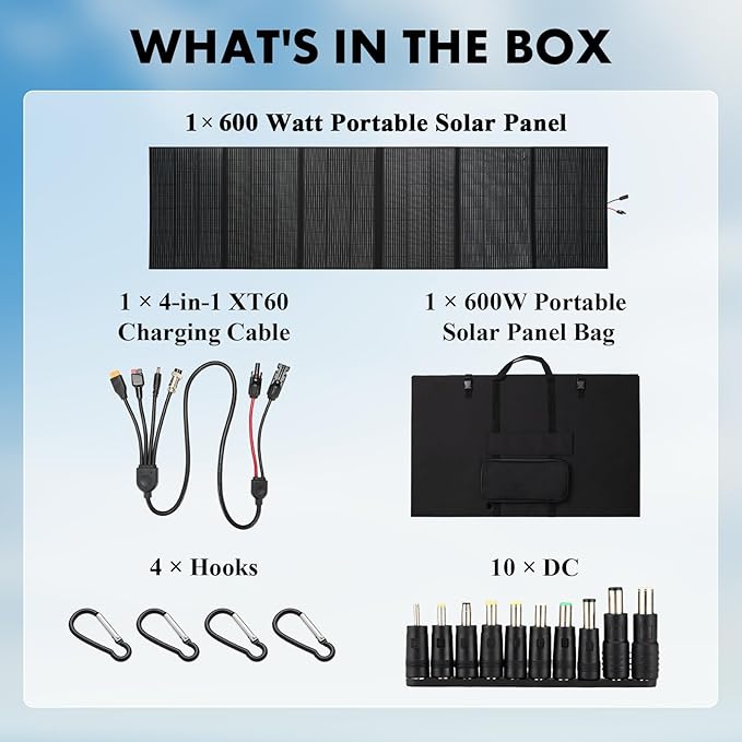 600W Portable Solar Panel, 48V Foldable Solar Panel 25% High Efficiency IP68 Waterproof with 10ft 4-in-1 Cable and 10×DC Adapter, Adjustable Kickstand for Power Station Camping RV