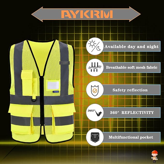 A-SAFETY High Visibility Mesh Safety Reflective Vest with Pockets and Zipper,Hi Vis Viz Reflective Safety Vest(Yellow Mesh 4XL-5XL)
