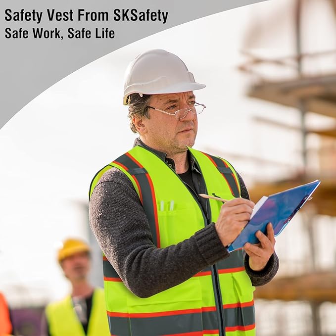 SKSAFETY 10 Pockets Safety Vest, Class 2 High Visibility Security with Zipper, Hi Vis Vest with Reflective Strips, ANSI/ISEA Standard, Construction Work Vest for Men ＆ Women （Lime, XL）