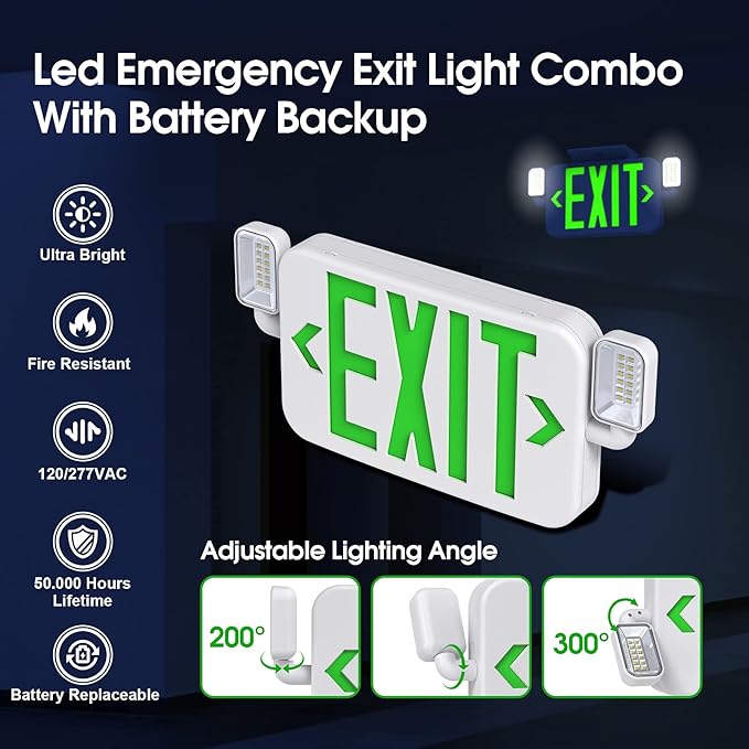 Led Combo Emergency Exit Sign Light with Two Adjustable Head Lights and Backup Battery,US Standard Green Letter Commercial Emergency Exit Lighting,UL 924,120/277V (4Pack)