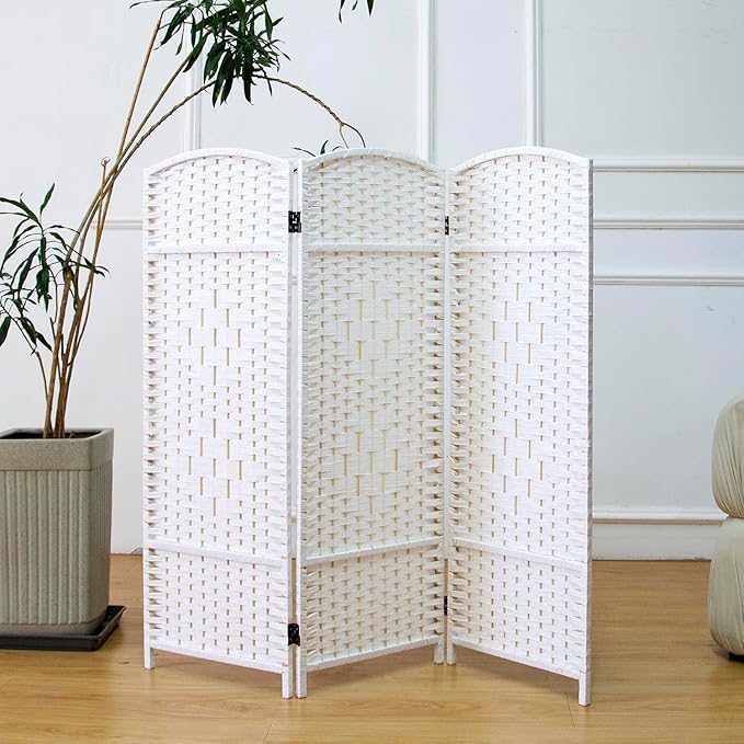 3 Panel Rattan Divider Short Room Partition Screen,Double Sided Folding Divider for Room Separation,White,47.2" H x 47.2" W