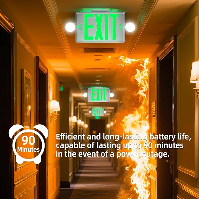 Exit Sign with Emergency Light, Ultra Slim, Green LED Exit Light, Exit Signs With Battery Backup, 2 Adjustable Emergency Lighting, Hardwired 120V/277VAC, UL-Listed, 2 Pack