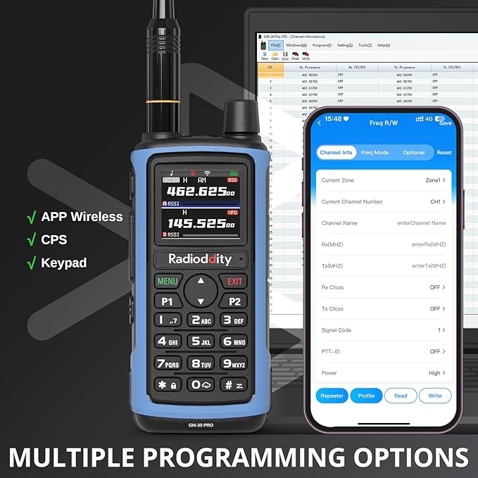 Radioddity GM-30 PRO GMRS Radio, Long Range Walkie Talkie with UHF/VHF/NOAA/FM/Airband Reception, Support APP Wireless Programming, 1.77" TFT Display, Frequency Copy, USB-C Charging, 1,000 Channels