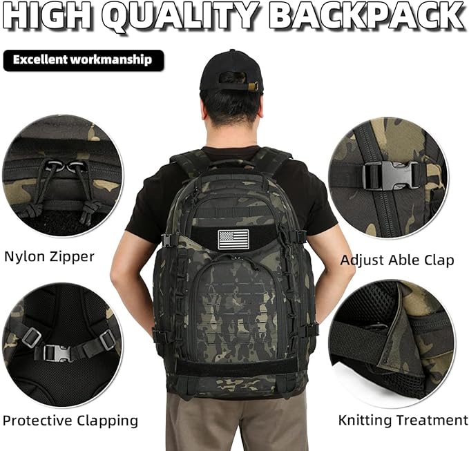 45L Tactical Backpack for Men and Women Large Military Tactical Backpack Heavy Duty Molle Assault Pack Daypack for Hiking Camping Travel Work Gym Outdoors (Black Camo)