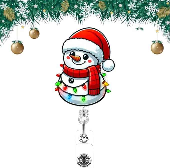 Snowman Badge Reel Christmas Snowman Badge Holder with Light Strings Design Retractable ID Card Clip Winter Badge Reels with Alligator Clip Christmas Nurse Name Tag Holiday Gift for Medical Assistants