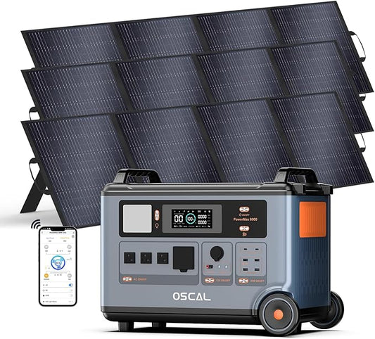 OSCAL PowerMax 6000 Solar Generator with 3x200W Solar Panel, 120V/240V Split Phase Voltage 6000W AC Outlets (9000W Peak), 2200W AC Charging/2400W PV Charging for Home, Emergency, Bank Battery Backup