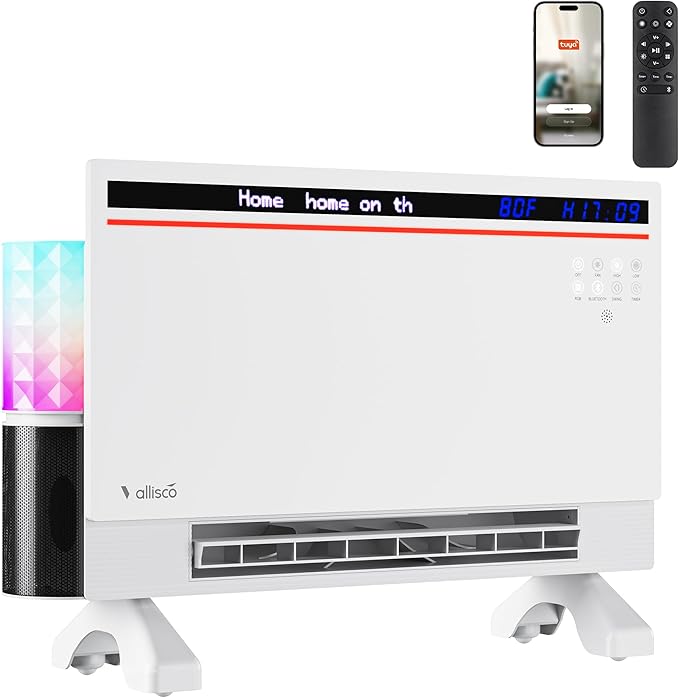 Smart Electric Space Heater with Bluetooth Speaker & RGB Light, App/Remote/Touch Control, Freestanding/Wall Heater, 2 Heat & 2 Fan Modes for All-Season Indoor Use, 110° Oscillating, Works with Alexa