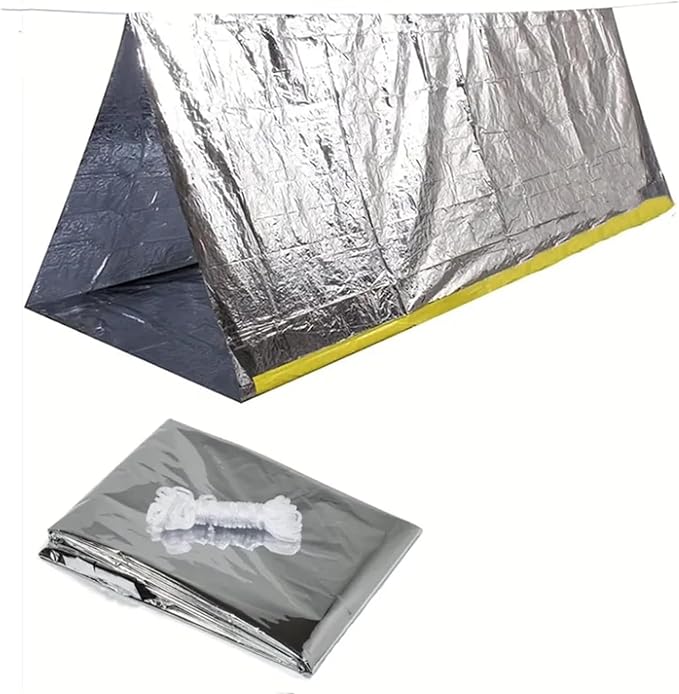 1 Piece Survival Shelter, Polyester Film Emergency Tent Survival Kit with String Bundle Pocket Whistle for Hiking, Car Camping（Silver）