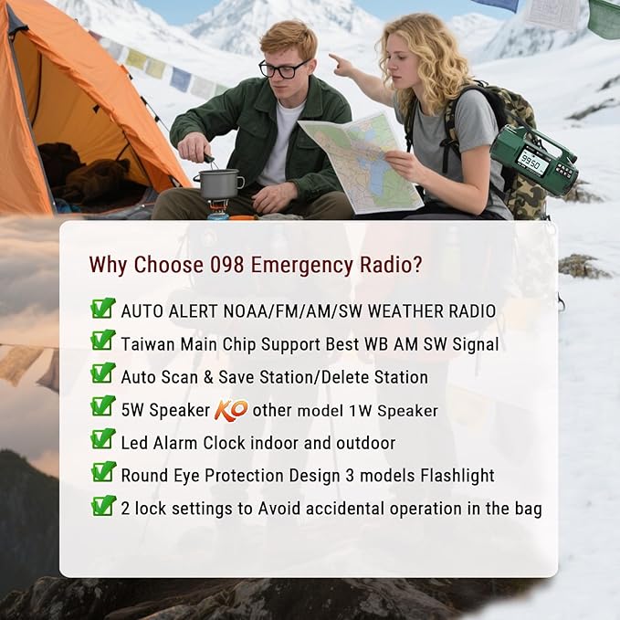 Emergency Weather Radio, 5000mAh Replaceable Battery, Solar Hand Crank Radio with AM/FM/SW/NOAA Alert, Sleep Timer Alarm Clock, Compass Cell Phone Charger, Headphone Jack, Flashlight and SOS Siren