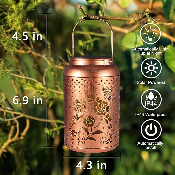 2 Pack Solar Lanterns Outdoor Waterproof, Butterfly Rose Garden Decor Birthday Gifts for Women Mom Grandma Hanging Solar Lights Metal Solar Decoration Outside for Yard, Patio, Lawn