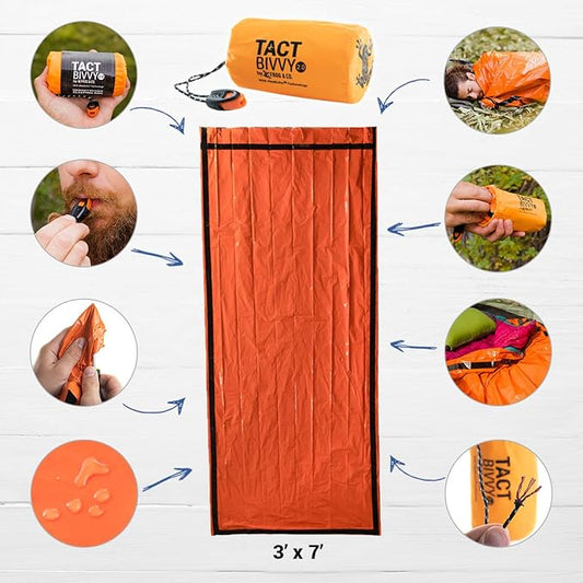 Survival Frog Tact Bivvy 2.0 Emergency Sleeping Bag w/Stuff Sack, Carabiner, Survival Whistle, ParaTinder - Compact, Lightweight, Waterproof, Reusable, Thermal Bivy Sack Cover, Shelter Kit