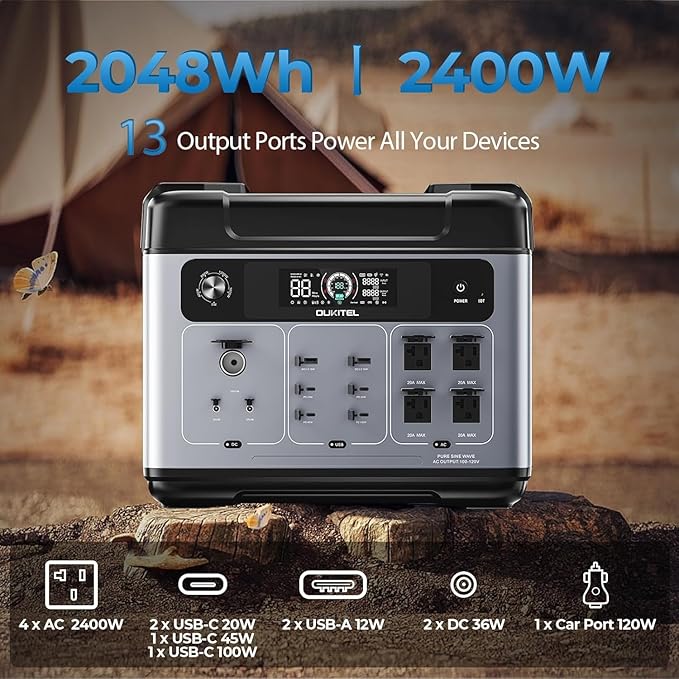 OUKITEL P2001 PLUS 2400W Power Station with 400W Solar Panel, 2048Wh Solar Generator(Peak 5000W) 1.5Hrs Fast Full Charging APP Control Emergency LiFePO4 Battery for Home Backup Camping RVs