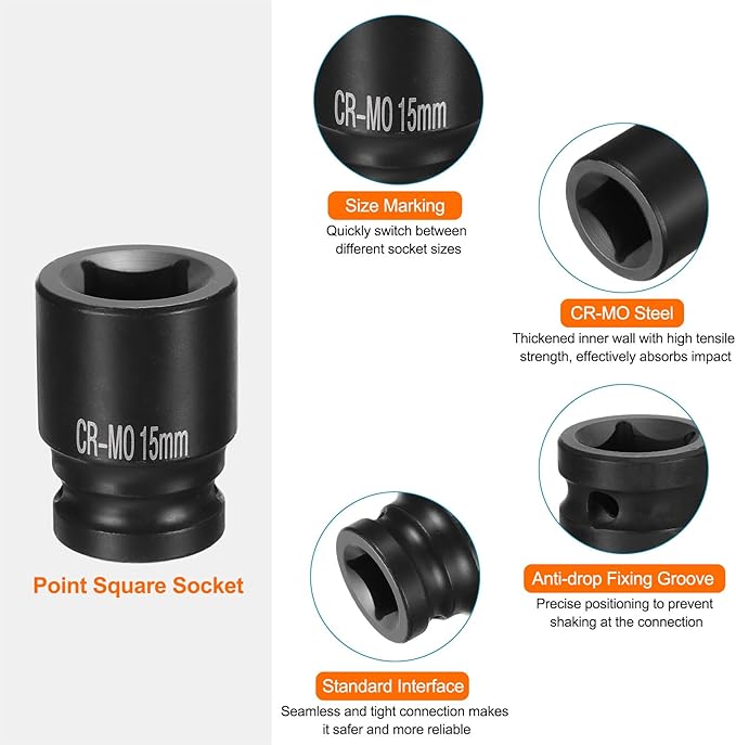 HARFINGTON 4 Point Square Socket 1/2" Drive 15mm Metric Square Impact Socket CR-MO Blackening Standard Wheel Sockets Pneumatic Socket Tool for Auto Repair Mechanical Maintenance Home Use