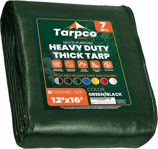 Tarpco Safety Heavy Duty 7 Mil Tarp Cover, Waterproof, UV Resistant, Rip and Tear Proof, Poly Tarpaulin with Reinforced Edges for Roof, Camping, Patio, Pool Cover, Boat (Green/Black 12′ X 16′)
