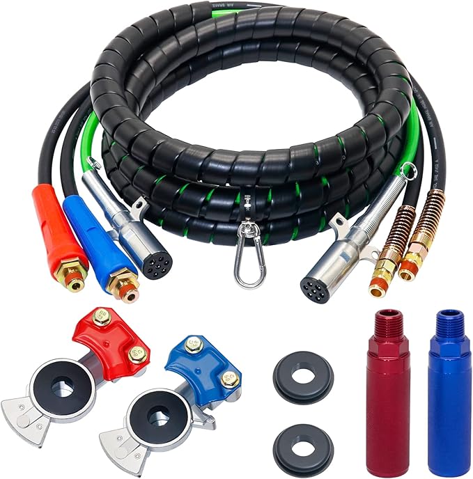15FT Air Line Hose Kits, Dazakoot 3 in 1 Air Line for Truck Tractor Trailer, 7 Way ABS Electrical Cable and Semi AirLine Assembly with Aluminum Extension Handles and Emergency Glad Hands
