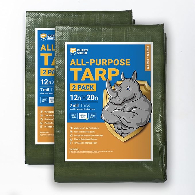 GUARD SHIELD Green Tarp Waterproof 12x20 Feet Medium Duty All Purpose Poly Tarps Cover 7mil (2-Pack)